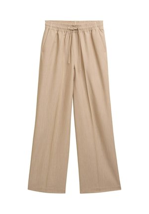Pantaloni beige a gamba larga realizzati in un tessuto testurizzato. Presentano una vita elastica con cordoncino e tasche laterali. Design semplice e lineare.