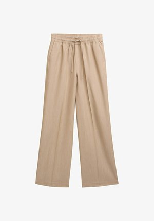 Pantalones de pierna ancha beige con una tela texturizada. Presenta una cinturilla elástica con cordón y bolsillos laterales. Diseño sencillo y de corte recto.