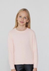 Helles rosa, flauschiges Sweatshirt mit rundem Halsausschnitt und langen Ärmeln. Weicher Stoff, tailliert mit gerippten Bündchen und Saum.