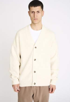 Ung mand iført en cremefarvet knap-op cardigan over en hvid skjorte og beige bukser, stående mod en ensfarvet baggrund.