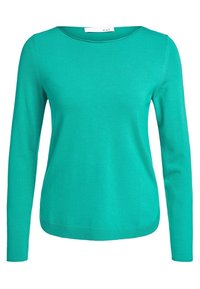 Pull à col rond turquoise à manches longues avec un ourlet et des poignets côtelés, présenté sur un fond blanc.