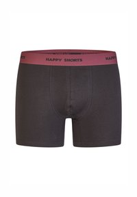 Pánské boxerky v tmavě šedé látce s vínovým páskem. Černý nápis "HAPPY SHORTS" na pásku, s jednoduchým designem a těsným fit.