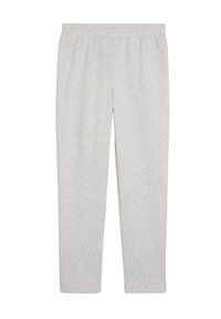 Grå sweatpants tillverkade av mjukt material, med elastisk midja och smalnande ben. Slät yta utan synliga mönster eller detaljer.