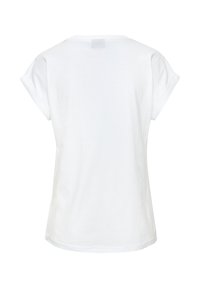 Weißes Baumwoll-T-Shirt mit umgeschlagenen kurzen Ärmeln, rundem Halsausschnitt und einem lockeren Schnitt. Keine sichtbaren Muster oder metallischen Details. Rückansicht.