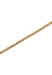 Cadena de metal con tono dorado y eslabones entrelazados, con un acabado suave y pulido y un diseño uniforme a lo largo de toda su longitud.