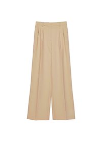 Pantalons larges beiges à taille haute, dotés de plis, au design ajusté et à la texture lisse, adaptés aux occasions décontractées ou formelles.