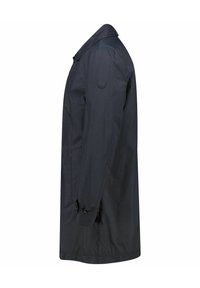 Cappotto leggero blu navy con una texture liscia, caratterizzato da un colletto classico, chiusura con un solo bottone e tasche laterali.