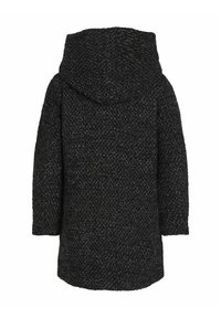 Manteau à capuche noir avec un tissage texturé, présentant une coupe décontractée et de longues manches. L'arrière affiche un design lisse et sans couture.