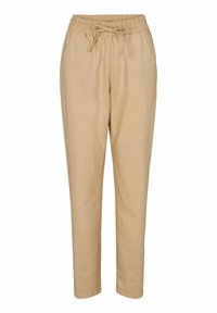 Pantalon beige fuselé avec taille élastique et cordon ajustable, en tissu léger.