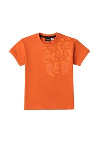 Camiseta corta de manga de color naranja hecha de algodón, con el texto en relieve amarillo "Explorador de la Jungla" en una fuente juguetona en la parte delantera.
