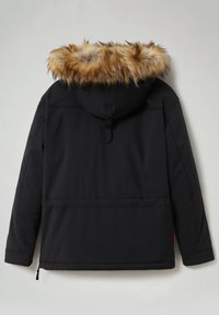 Veste d'hiver noire avec capuche bordée de fourrure synthétique épaisse marron et beige, vue de dos sur fond uni.