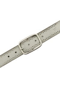 Light grey leather belt with rectangular silver metal buckle, featuring multiple perforations along its length for adjustable sizing.