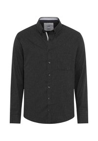 Donkergrijze button-up shirt van een gestructureerde stof, met een borstzak en een spread collar. Kleine knopen aan de voorkant.