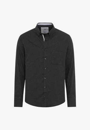 Camicia grigio scuro con bottoni, realizzata in un tessuto texture, con taschino sul petto e colletto a punta. Piccoli bottoni lungo la parte anteriore.