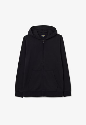 Zwarte zip-up hoodie van zachte stof. Hij heeft een kap, lange mouwen en twee voorkantenzakken. Minimalistisch ontwerp zonder patronen of accenten.