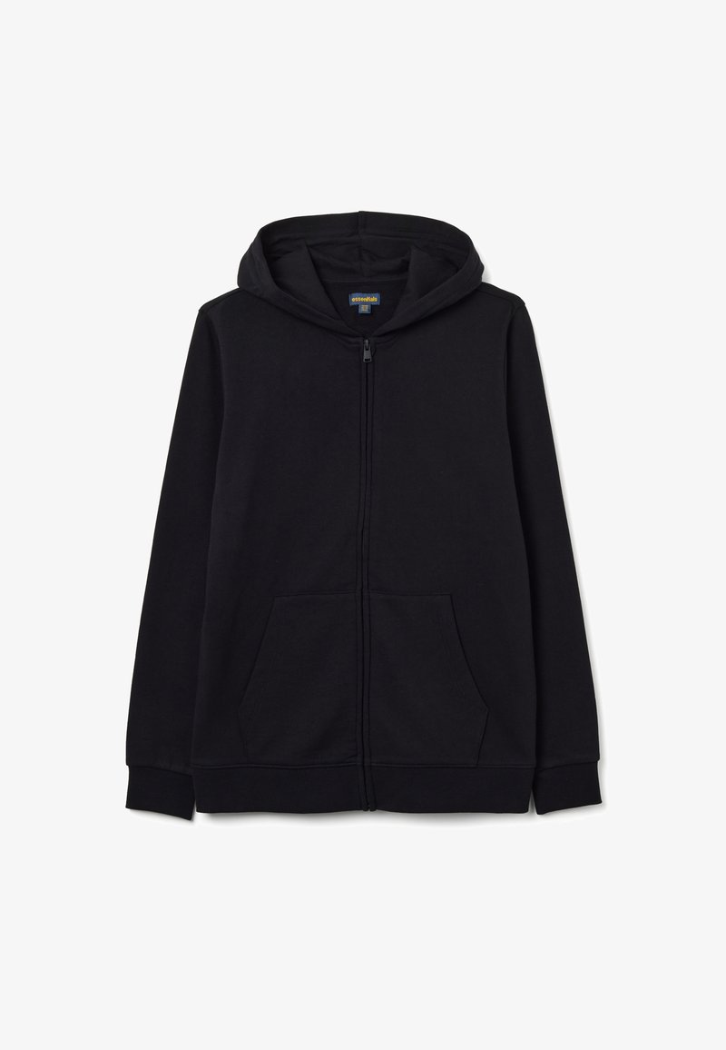 Felpa nera con zip realizzata in tessuto morbido. Presenta un cappuccio, maniche lunghe e due tasche frontali. Design minimalista senza motivi o accenti.