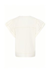 Blusa bianca in cotone con maniche corte e svasate. Presenta un design minimalista e delicate cuciture lungo la spalla e l'orlo.