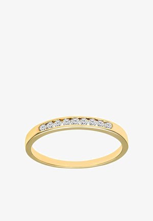 Gold ring featuring a slim band with a row of sparkling clear gemstones set into the front for visual accent. Smooth texture throughout.