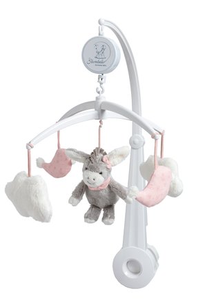 White baby mobile with plush gray donkey and cloud shapes. Features pink accents, soft textures, and a circular winding mechanism.