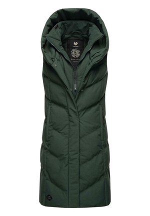 Gilet rembourré sans manches vert avec capuche, fermeture éclair et poches latérales. Tissu texturé avec un matelassage en forme de diamant.