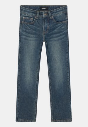 Denim jeans in dark blue with a straight cut, five-pocket design, subtle whiskering, and stitched accents at seams and pockets.