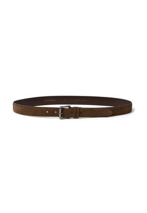 Brown suede leather belt with silver rectangular buckle and two belt loops against a white background.