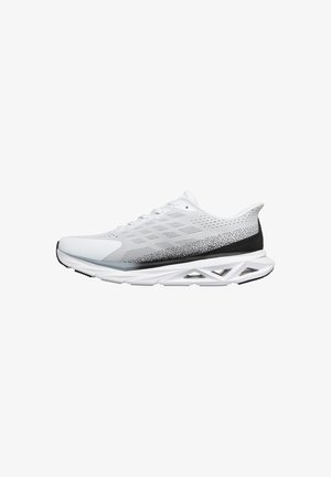 White running shoe with black gradient mesh upper and geometric cutout sole, shown in side profile on a white background.