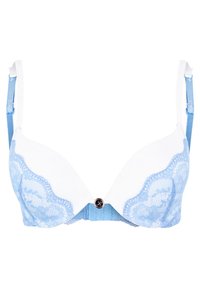 Hellblauer und weißer Spitzen-BH mit einem strukturierten Blumendesign, Unterbruststütze, verstellbaren Trägern und einem dekorativen Knopf in der Mitte.