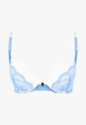 Light blue and white lace bra featuring a textured floral pattern, underwire support, adjustable straps, and a decorative button at the center.