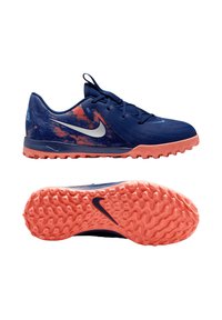 Scarpe da atletica Nike di colore blu navy con design a macchie arancioni. Suola in gomma con grip testurizzato. Presenta il logo swoosh in argento.