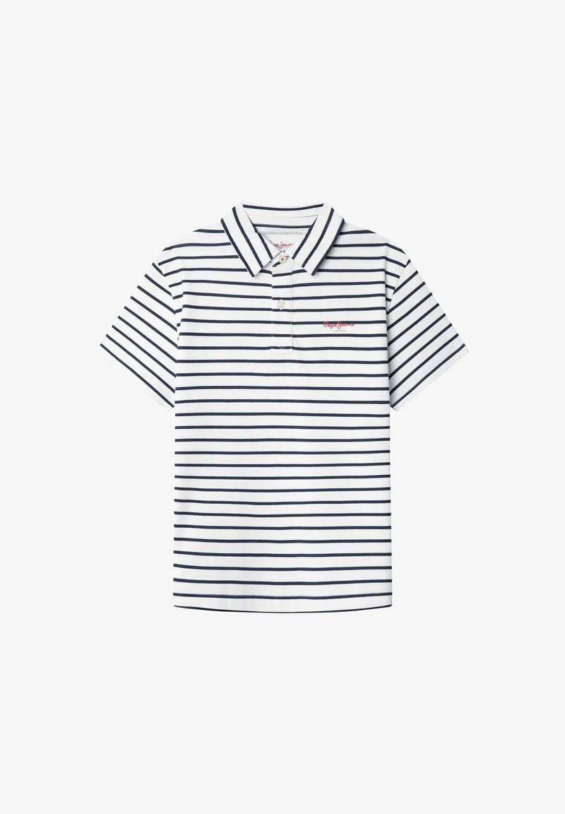 Polo blanc à rayures horizontales bleu marine, manches courtes et col. Présente un petit logo rouge sur la poitrine gauche.