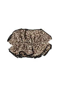 Scrunchie con stampa leopardata in colori beige e marrone, con un design arricciato e bordo nero. Realizzato in tessuto morbido per un indossare confortevole.