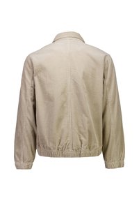 Beige manchesterjakke med elastiske manchetter og kant, med en krave og en struktureret, rillede overflade. Set bagfra, ingen foran detaljer synlige.