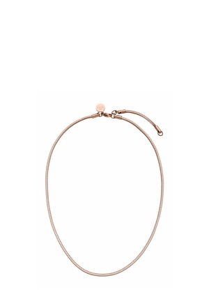 Roze gouden metalen ketting met een flexibel, glad ontwerp en een subtiele glans, beveiligd met een sluiting en een ronde, gegraveerde accent.