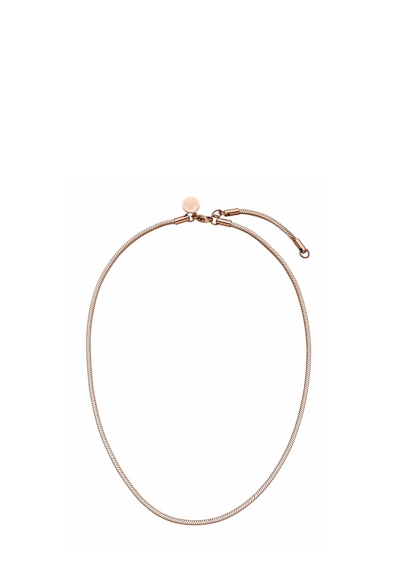 Halskette aus Roségoldmetall mit einem flexiblen, glatten Design und einem dezenten Glanz, gesichert mit einem Verschluss und einem runden, gravierten Akzent.