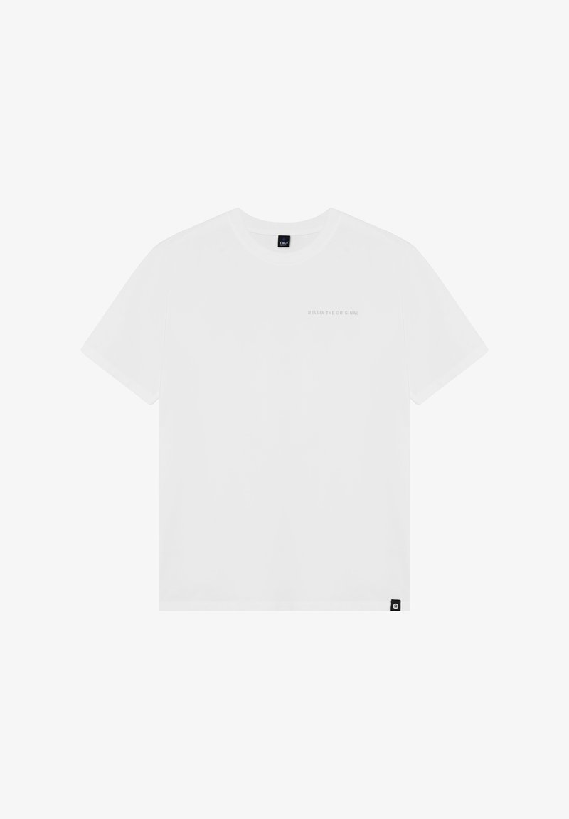 Wit T-shirt met korte mouwen van gladde stof, voorzien van een kleine "Rellix The Original" print in grijs op de voorkant en een merklabel aan de zoom.