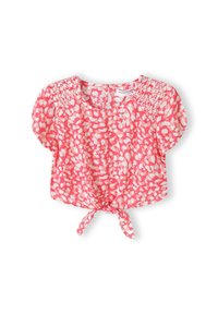 Blusa corta a maniche corte di colore rosa con pois bianchi. Spalle elasticizzate e dettaglio con nodo davanti. Tessuto leggero e texturizzato.