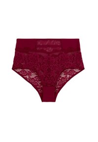 Culotte taille haute bordeaux avec un empiècement en dentelle à motifs floraux, une ceinture unie et une texture de tissu lisse.