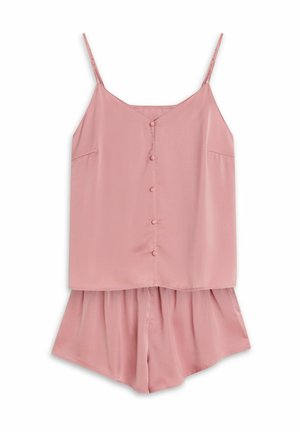Różowy satynowy zestaw nocny z dekoltem w kształcie litery V, regulowanymi ramiączkami, zapięciem na guziki oraz plisowanymi szortami dla swobodnego dopasowania. Gładka tekstura na całej powierzchni.