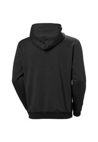 Sudadera negra con un tejido texturizado, que cuenta con capucha ajustable, mangas largas y un dobladillo inferior elástico. Se muestra la vista trasera.