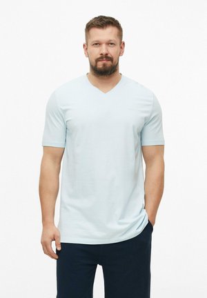 Mann mit kurzen braunen Haaren und Bart, der ein hellblaues kurzärmeliges V-Ausschnitt-Shirt und dunkle Hosen vor weißem Hintergrund trägt.