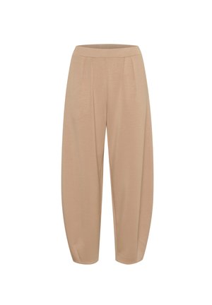 Pantaloni beige a sigaretta con una texture morbida, dotati di una vita elastica e una parte anteriore plissettata per un tocco di stile e comfort aggiuntivo.