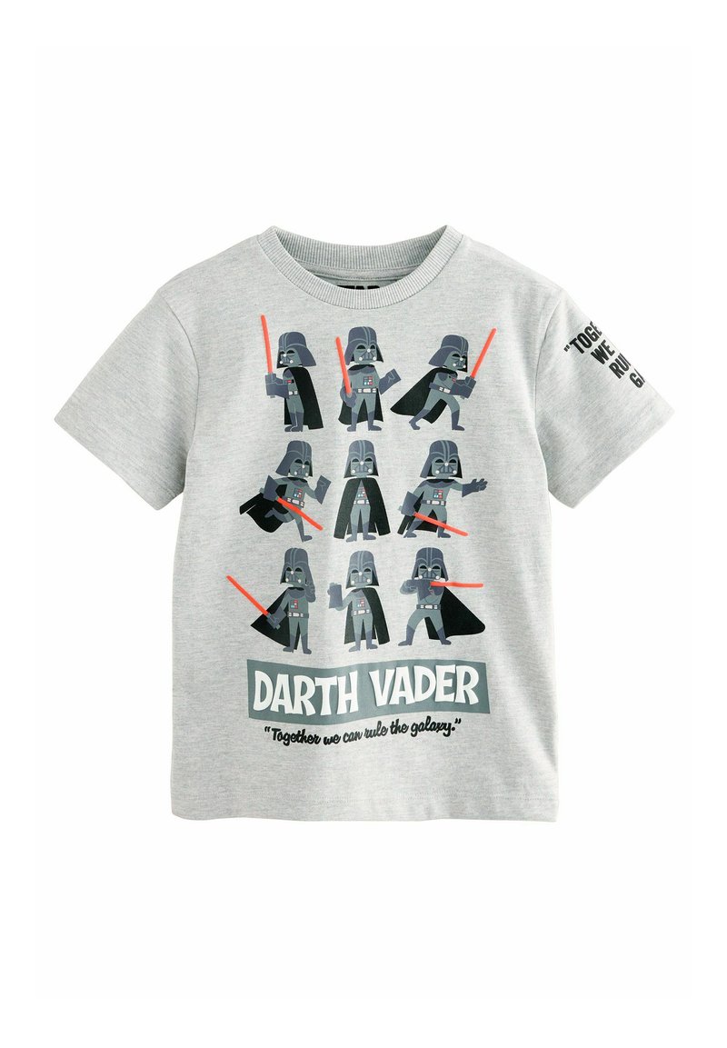Graues T-Shirt mit mehreren Cartoon-Darth-Vader-Figuren, roten Lichtschwertern, mit dem Text "DARTH VADER" und einem Zitat in einem auffälligen Design. Mit kurzen Ärmeln.