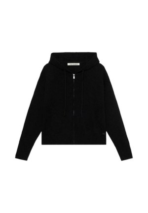 Black hooded sweatshirt, zippered front, ribbed cuffs and hem, soft knit texture, cropped design, minimal branding on the lower side.