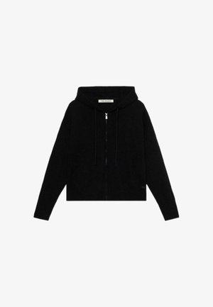 Sudadera con capucha negra, con cremallera en la parte delantera, puños y dobladillo acanalados, textura de punto suave, diseño recortado, con una marca mínima en el lado inferior.