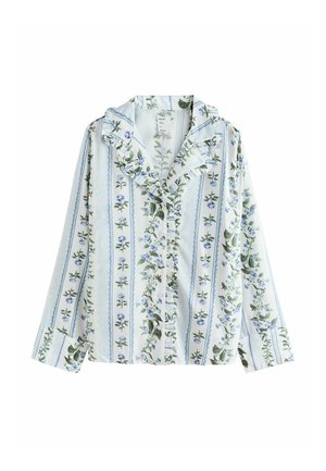 Pyjamashirt mit floralem Muster in Blau und Grün auf weißem Hintergrund, mit einem gerafften Kragen und einer durchgehenden Knopfleiste.