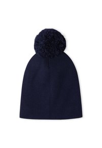 Berretto lavorato a maglia di colore blu navy con un grande pompon soffice sulla sommità; texture morbida e design aderente per calore e copertura.