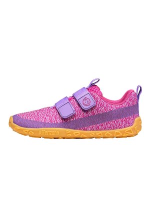 Purple and pink children's sneaker with two Velcro straps, textured fabric upper, and a yellow rubber sole featuring a triangular pattern.