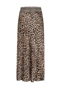Leopard-print midi skirt with a flowy design, featuring a stretchy black and white striped waistband, made from lightweight fabric.