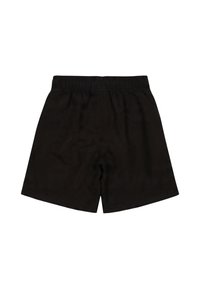 Czarne szorty z elastycznym paskiem w talii, uszyte z miękkiego materiału, o prostym designie i prostym kroju. Brak kieszeni i wzorów.